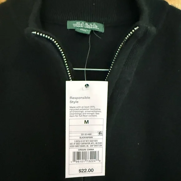 Wild Fable NWT, Black Zip-Up Crop Top M, P2P: 16”-18” - Picture 3 of 4